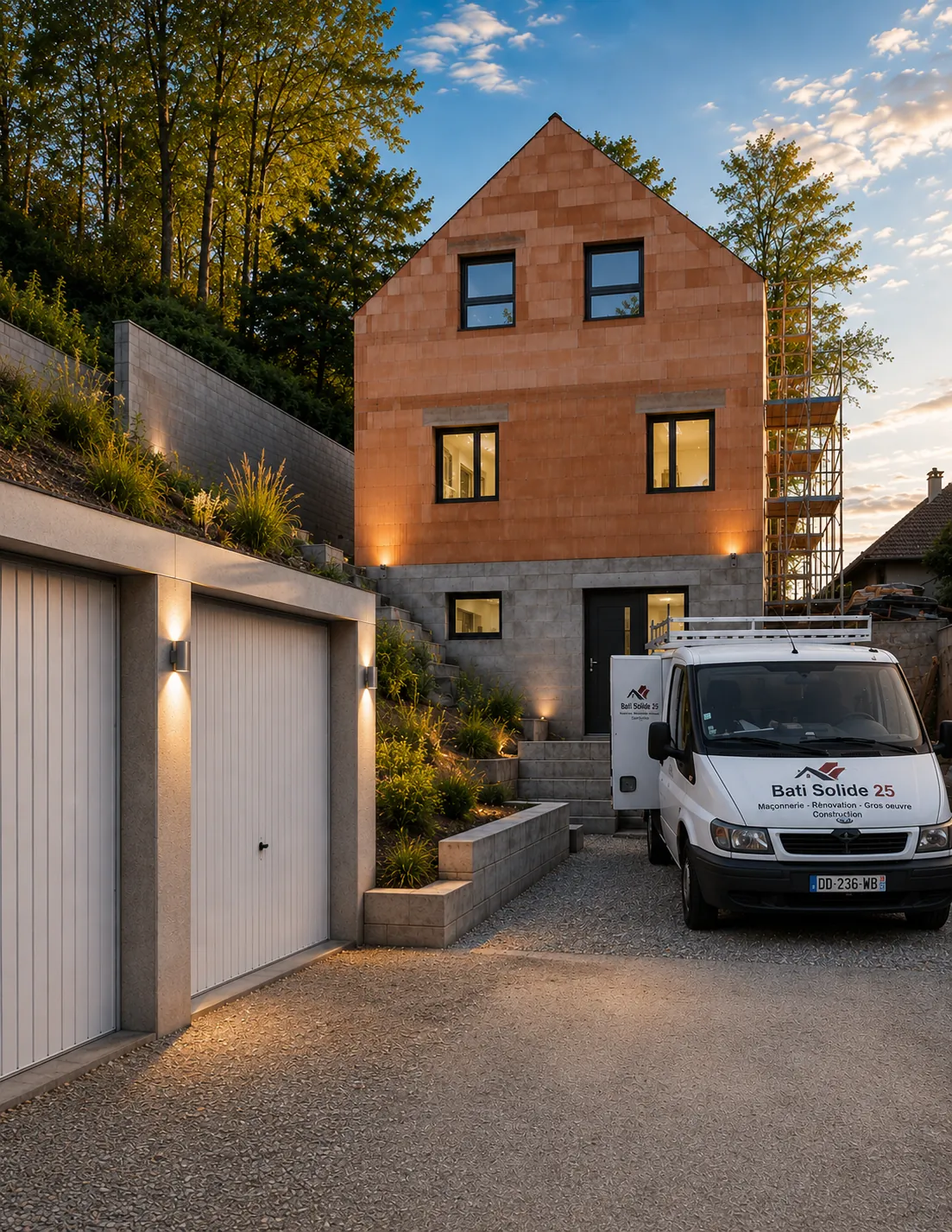 L'équipement professionnel de BATI SOLIDE 25 Camion de chantier de l'entreprise BATI SOLIDE 25 sur un projet de rénovation à Devecey